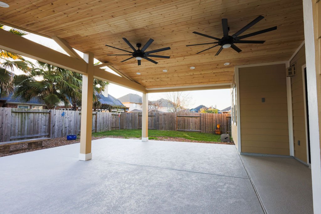 Covered patio with cedar ceiling built by EC Builders